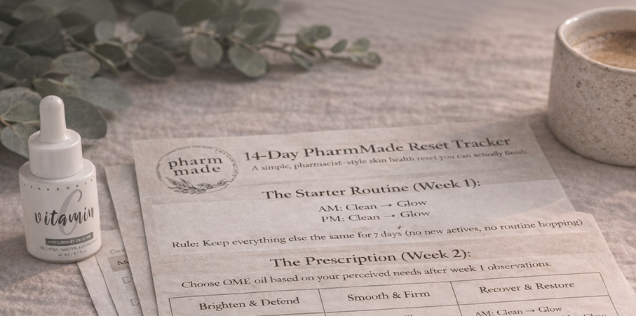 Sheet of paper with a '14-Day PharmMade Reset Tracker' on a wooden surface with a bottle, cup, and pen.